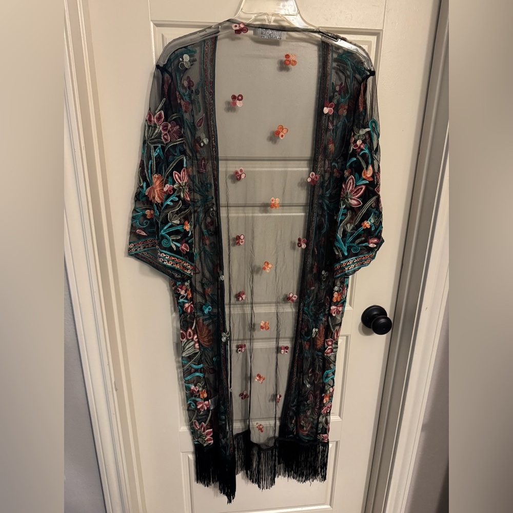 Rebellion Black Mesh Kimono with Floral Embroidery size small - Picture 2 of 6